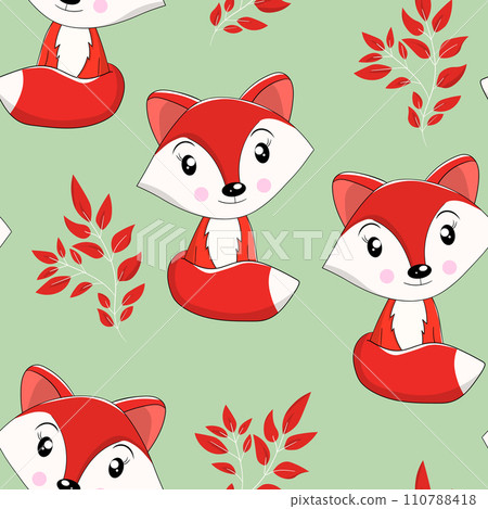 Seamless pattern with cute fox baby on color background. Funny forest animals. Card, postcards for kids. Flat vector illustration for fabric, textile, wallpaper, poster, paper Seamless pattern with cute fox baby on color background. Funny forest animals. Card, postcards for kids. Flat vector illustration for fabric, textile, wallpaper, poster, paper 110788418