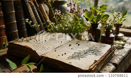 Pen on old book. Photo in old vintage style 110788611