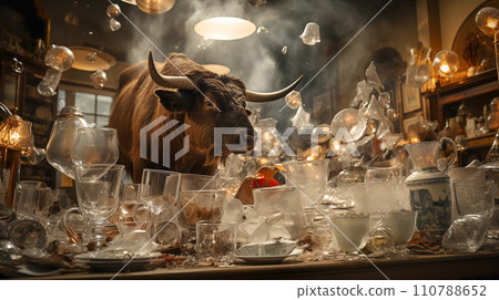 Very Large Bull with Horns Running Through a China Shop Filled with Glassware. Generative AI. Very Large Bull with Horns Running Through a China Shop Filled with Glassware. Generative AI. 110788652