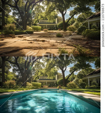 Before and After of An Unattended Mediocre Back Yard to A Beautiful Yard with a Swimming Pool. Generative AI. Before and After of An Unattended Mediocre Back Yard to A Beautiful Yard with a Swimming Pool. Generative AI. 110788673