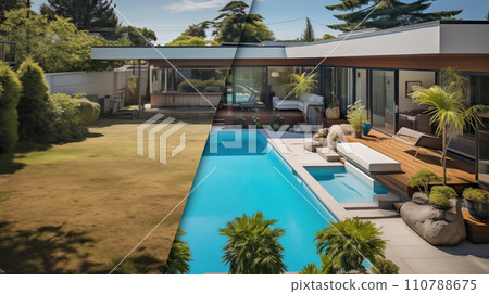 Before and After of An Unattended Mediocre Back Yard to A Beautiful Yard with a Swimming Pool. Generative AI. Before and After of An Unattended Mediocre Back Yard to A Beautiful Yard with a Swimming Pool. Generative AI. 110788675