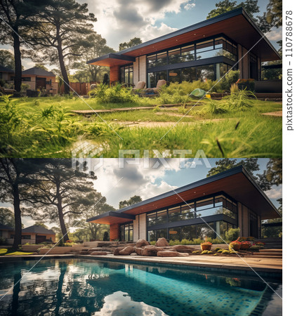 Before and After of An Unattended Mediocre Back Yard to A Beautiful Yard with a Swimming Pool. Generative AI. Before and After of An Unattended Mediocre Back Yard to A Beautiful Yard with a Swimming Pool. Generative AI. 110788678