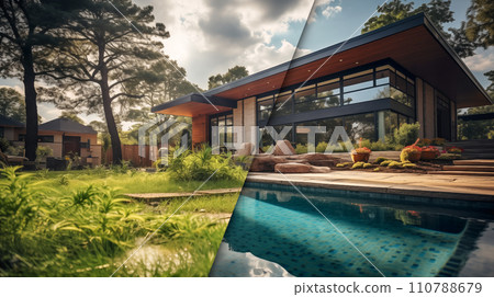 Before and After of An Unattended Mediocre Back Yard to A Beautiful Yard with a Swimming Pool. Generative AI. 110788679