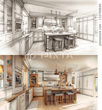Concept Design Drawing to a Finished Renovation of a Residential Kitchen Interior. Generative AI. 110788680