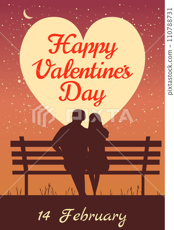 Happy Valentines Day poster, retro. Silhouette loving couple on the bench at night Happy Valentines Day poster, retro. Silhouette loving couple on the bench at night 110788731