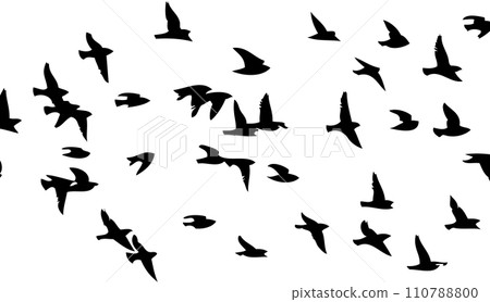 Flying birds silhouette flock. hand drawing. Not AI, Vector illustration Flying birds silhouette flock. hand drawing. Not AI, Vector illustration 110788800