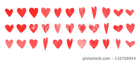 Big collection of cute doodle hand drawn textured hearts for Valentines day greeting cards and banners design. Lovely bright red and pink heart illustration for romantic decoration Big collection of cute doodle hand drawn textured hearts for Valentines day greeting cards and banners design. Lovely bright red and pink heart illustration for romantic decoration 110788954