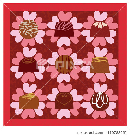 Chocolate assortment box surrounded by heart flowers_red Chocolate assortment box surrounded by heart flowers_red 110788961