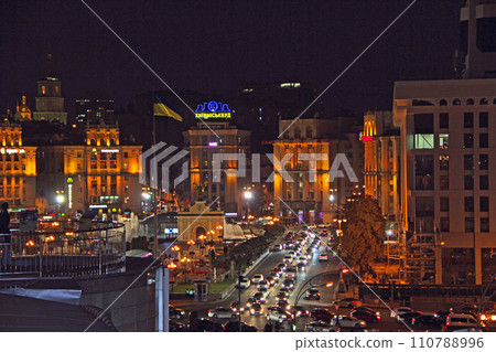 Night street with burning lanterns. Kyiv street at night. Lights of night city 110788996