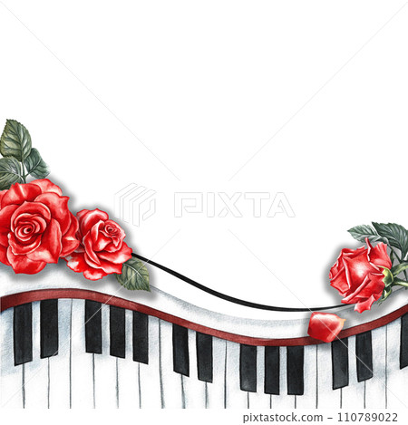 Border frame with musical piano keys decorated with roses. The watercolor illustration is hand-drawn. For posters, flyers, greeting cards and invitation cards. For posters, banners and postcards. Border frame with musical piano keys decorated with roses. The watercolor illustration is hand-drawn. For posters, flyers, greeting cards and invitation cards. For posters, banners and postcards. 110789022