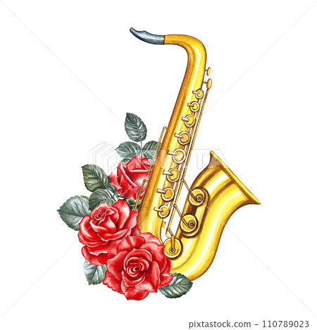 Golden saxophone decorated with red roses. The watercolor illustration is hand-drawn. Isolate it. For posters, flyers and invitation cards. For banners and postcards. For logos, stickers and prints. Golden saxophone decorated with red roses. The watercolor illustration is hand-drawn. Isolate it. For posters, flyers and invitation cards. For banners and postcards. For logos, stickers and prints. 110789023