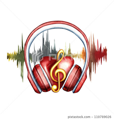 A heart in the headphones at the frequency of the audio signal. The watercolor illustration is hand-drawn. For posters, flyers and invitation cards. For postcards, logos, badges, stickers and prints. A heart in the headphones at the frequency of the audio signal. The watercolor illustration is hand-drawn. For posters, flyers and invitation cards. For postcards, logos, badges, stickers and prints. 110789026