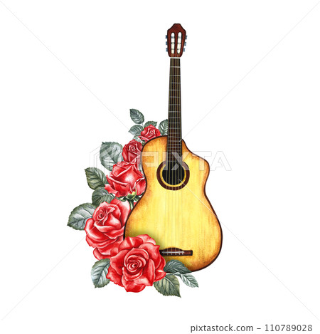 A guitar decorated with red roses. The watercolor illustration is hand-drawn. Isolate it. For posters, flyers and invitation cards. For banners and postcards. For logos, badges, stickers and prints. 110789028