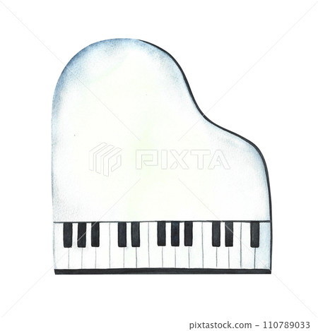 The piano is white, top view. The watercolor illustration is hand-drawn. Isolate. For posters, flyers and invitation cards. For banners and postcards. For logos, badges, stickers and prints. 110789033