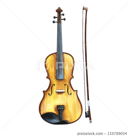 Violin. The watercolor illustration is hand-drawn. Isolate. For posters, flyers and invitation cards. For banners and postcards. For logos, badges, stickers and prints. For postcards, business cards. 110789034