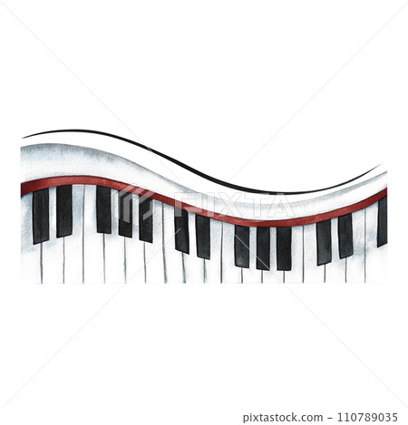Musical piano keys, synthesizer. The watercolor illustration is hand-drawn. For posters, flyers and invitation cards. For posters, banners and postcards. 110789035