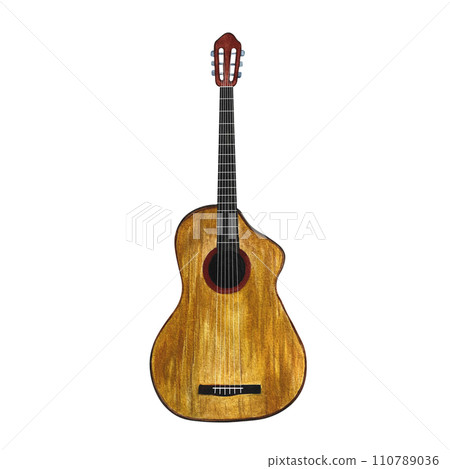 The guitar is six-stringed. The watercolor illustration is hand-drawn. Isolate it. For logos, badges, stickers and prints. For postcards, business cards, flyers and posters. 110789036