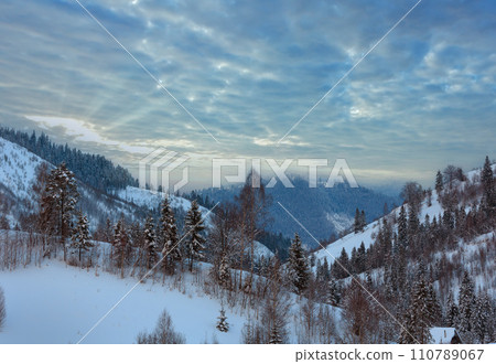 Sunset winter Ukrainian Carpathian Mountains landscape. 110789067