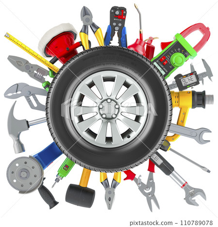 Car wheel with tools. Auto service and repair concept. 3D rendering 110789078