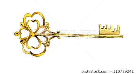 Golden vintage key. Clipart. Watercolor hand drawn art illustration. For cards, handmade textiles, prints, menus, poster Golden vintage key. Clipart. Watercolor hand drawn art illustration. For cards, handmade textiles, prints, menus, poster 110789241