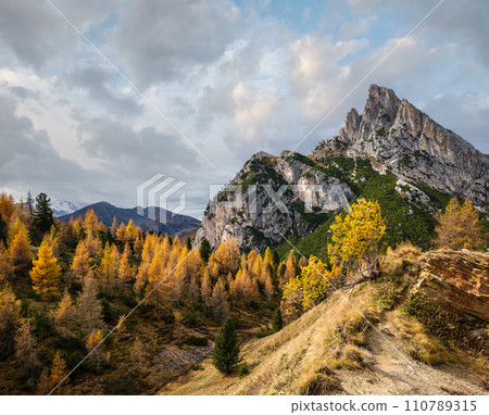 Autumn Dolomites mountain scene, Falzarego Pass, Italy Autumn Dolomites mountain scene, Falzarego Pass, Italy 110789315