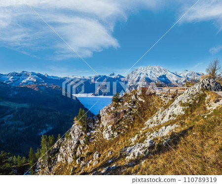 Autumn Alps mountain misty morning view from Jenner Viewing Platform, Schonau am Konigssee, Berchtesgaden national park, Bavaria, Germany. Autumn Alps mountain misty morning view from Jenner Viewing Platform, Schonau am Konigssee, Berchtesgaden national park, Bavaria, Germany. 110789319