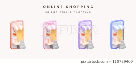 3d Set of color open store on phone for shopping online concept. icon isolated on white background. 3d rendering illustration. Clipping path. 3d Set of color open store on phone for shopping online concept. icon isolated on white background. 3d rendering illustration. Clipping path. 110789460