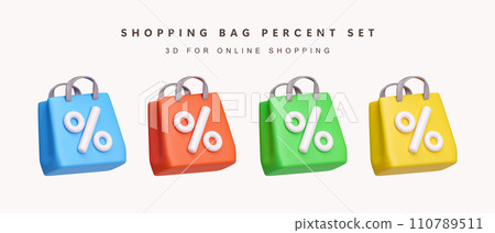 3d Set of color percentage shopping bag for shopping concept. icon isolated on white background. 3d rendering illustration. Clipping path. 3d Set of color percentage shopping bag for shopping concept. icon isolated on white background. 3d rendering illustration. Clipping path. 110789511