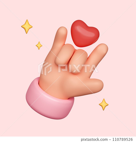 3D hand making I love you gesture gestures with red heart. cartoon style isolated on pink background. clipping path. 3D render illustration 3D hand making I love you gesture gestures with red heart. cartoon style isolated on pink background. clipping path. 3D render illustration 110789526