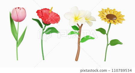 3d colorful flower set. icon isolated on white background. 3d rendering illustration. Clipping path. 110789534