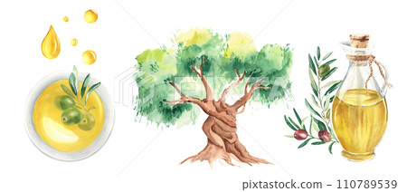 Set of olive oil glass jug, oil drops, olive fruit and branch in oil bowl and olive tree. Hand drawn watercolor illustration on a white background. For menu, product and italian, greek, spanish 110789539