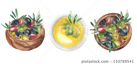 Olives and olive branches in wooden bowl and plate with olive oil. Top and side view. Green, black and red fruits watercolor hand drawn botanical illustration isolated on white background. Can be used 110789541