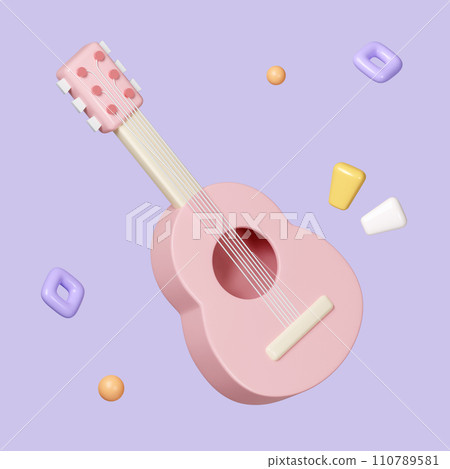 3D Render Illustration of cartoon guitar acoustic musical instrument minimal icon isolated on pastel background. icon symbol clipping path. 3d render illustration 110789581