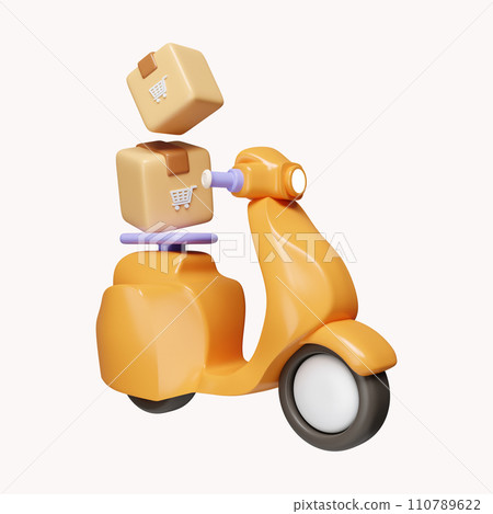 3d Courier service Delivery. Scooter express delivery service. icon isolated on white background. 3d rendering illustration. Clipping path. 110789622