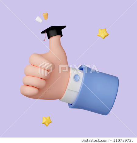 3D cartoon thumb up hand gesture with graduation cap isolated on pastel background. icon symbol clipping path. education. 3d render illustration 110789723