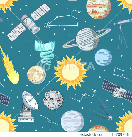 Seamless pattern with stars, planets and satellites in cosmos. Cartoon print with space elements, vector illustration. 110789796