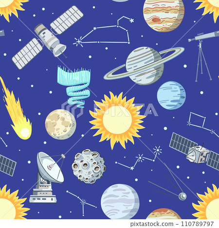 Seamless pattern with stars, planets and satellites in cosmos. Cartoon print with space elements, vector illustration. Seamless pattern with stars, planets and satellites in cosmos. Cartoon print with space elements, vector illustration. 110789797