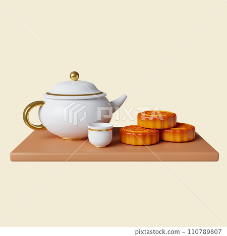 3d tea and mooncake set. Mid autumn festival. icon isolated on yellow background. 3d rendering illustration. Clipping path. 3d tea and mooncake set. Mid autumn festival. icon isolated on yellow background. 3d rendering illustration. Clipping path. 110789807