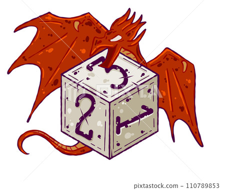 Dice d6 for playing tabletop board game. Cartoon outline drawn illustration. Fantasy art sticker, adventure boardgame, roleplaying dragon decoration 110789853