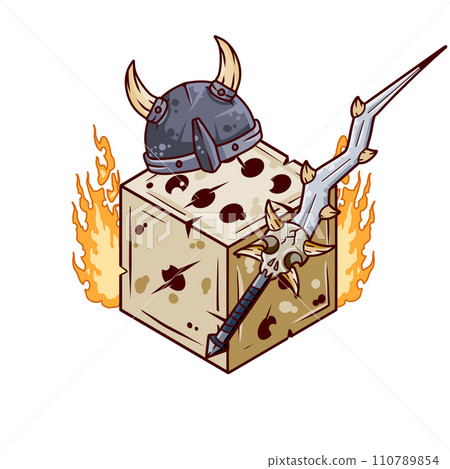 Dice d6 for playing tabletop board game. Cartoon outline drawn illustration. Fantasy art sticker, adventure boardgame, roleplaying decoration. Warrior character Dice d6 for playing tabletop board game. Cartoon outline drawn illustration. Fantasy art sticker, adventure boardgame, roleplaying decoration. Warrior character 110789854