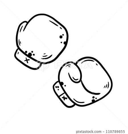 Boxing glove. Two red elements of athletic sportswear. Professional Fist fight. Cartoon drawn outline illustration. Sport fitness equipment. Fight and hit. Punch and combat. 110789855