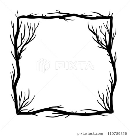 Tree frame, floral square border. Plant and twig decoration isolated on white background. Black outline silhouette. Decorative vintage scary element. Dark forest concept. 110789856