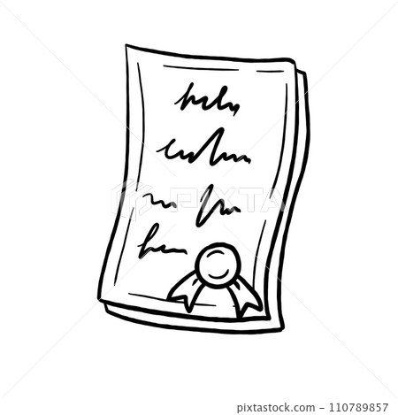 Certificate or paper document with seal. Diploma file with stamp, legal agreement illustration. Business page, law sheet with sign. Award and education contract with signature 110789857