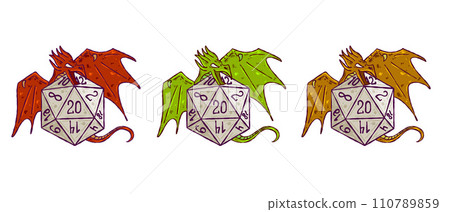 Dice d20 for playing Dnd. Dungeon and dragons board game. Cartoon outline drawn illustration. A magical creature Dice d20 for playing Dnd. Dungeon and dragons board game. Cartoon outline drawn illustration. A magical creature 110789859
