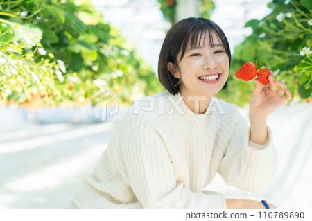 A woman picking strawberries A woman picking strawberries A woman picking strawberries A woman picking strawberries 110789890