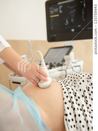 Ultrasound scan of pregnant woman In hospital, doctor performs an ultrasound sonogram on pregnant woman. Ultrasound scan of pregnant woman In hospital, doctor performs an ultrasound sonogram on pregnant woman. 110789943