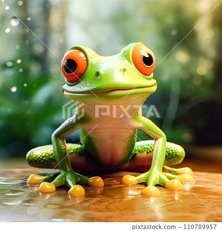 Green funny frog, animal closeup. AI content 110789957
