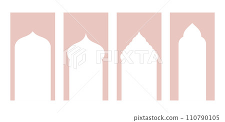 Artistic Islamic Vector Shapes Depicting Window and Door Arches. Arab Frames Set with Ramadan Kareem Silhouette Icons. Elegant Mosque Gate Illustrations 110790105