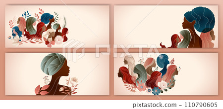 Group silhouette of multicultural women. International women s day. Diversity - inclusion - equality or empowerment. Anti racism or stop discrimination. Template - banner - poster - cover Group silhouette of multicultural women. International women s day. Diversity - inclusion - equality or empowerment. Anti racism or stop discrimination. Template - banner - poster - cover 110790605