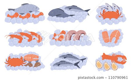 Seafood Nestled In Pristine Ice, Tantalizing Display Of Ocean Treasures. Fish, Shrimps, Lobster and Octopus, Oysters Seafood Nestled In Pristine Ice, Tantalizing Display Of Ocean Treasures. Fish, Shrimps, Lobster and Octopus, Oysters 110790961